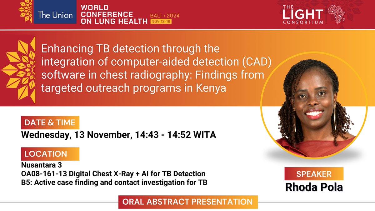 Happening today!

<a href="/ReSoKenya/">The Respiratory Society of Kenya.</a>’s <a href="/rhodapola/">RHODA POLA</a> is at the #UnionConf2024 🇮🇩 and will be delivering a poster presentation and an oral abstract!

Don’t miss these sessions!

#EndTB 🫁

<a href="/FCDOHealthRes/">FCDO Global Health Research</a>
