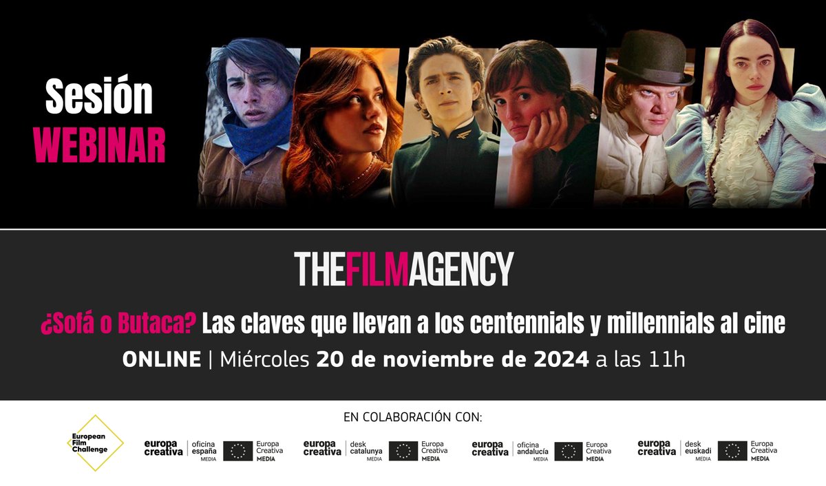 Oficina MEDIA España (@oficinamediaes) on Twitter photo SESIÓN WEBINAR: ¿#Sofá o #Butaca? Las claves que llevan a los #centennials y #millennials al cine.
Por <a href="/TheFilmAgency/">The Film Agency</a> con la colaboración de <a href="/OficinaMEDIAEs/">Oficina MEDIA España</a>, <a href="/ECDMEDIACat/">ECD MEDIA Catalunya</a>, <a href="/ECMEDIAnd/">MEDIA Desk Andalucía</a> y <a href="/MEDIAEH/">Europa Creativa Desk MEDIA Euskadi</a>.
Miércoles 20 de noviembre de 2024, 11.00h. Online.
bit.ly/SofaoButaca
🛋️🍿 SESIÓN WEBINAR: ¿#Sofá o #Butaca? Las claves que llevan a los #centennials y #millennials al cine.
Por <a href="/TheFilmAgency/">The Film Agency</a> con la colaboración de <a href="/OficinaMEDIAEs/">Oficina MEDIA España</a>, <a href="/ECDMEDIACat/">ECD MEDIA Catalunya</a>, <a href="/ECMEDIAnd/">MEDIA Desk Andalucía</a> y <a href="/MEDIAEH/">Europa Creativa Desk MEDIA Euskadi</a>.
Miércoles 20 de noviembre de 2024, 11.00h. Online.
bit.ly/SofaoButaca
🛋️🍿