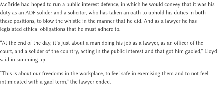 BeeDemocracy's tweet photo. @MurdochCadell @Richard_D_Boyle "As an ADF lawyer, McBride was a respected expert on the rules of engagement, and he also taught the [#PIDAct] to soldiers." 

@PaulrGregoire explains the #DavidMcBride case in the below article (link in next tweet), extensively quoting McBride's lawyer @worldzonfire:

#auspol https://t.co/qb1NKfrgKk