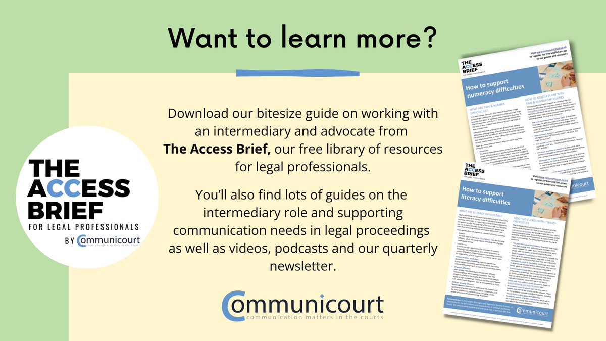 Communicourt's tweet photo. You can read more about how intermediaries and advocates work together, and explore a whole host of other resources, by visiting The Access Brief: https://t.co/IkZpDOv8NW https://t.co/jz7F6DrDoy