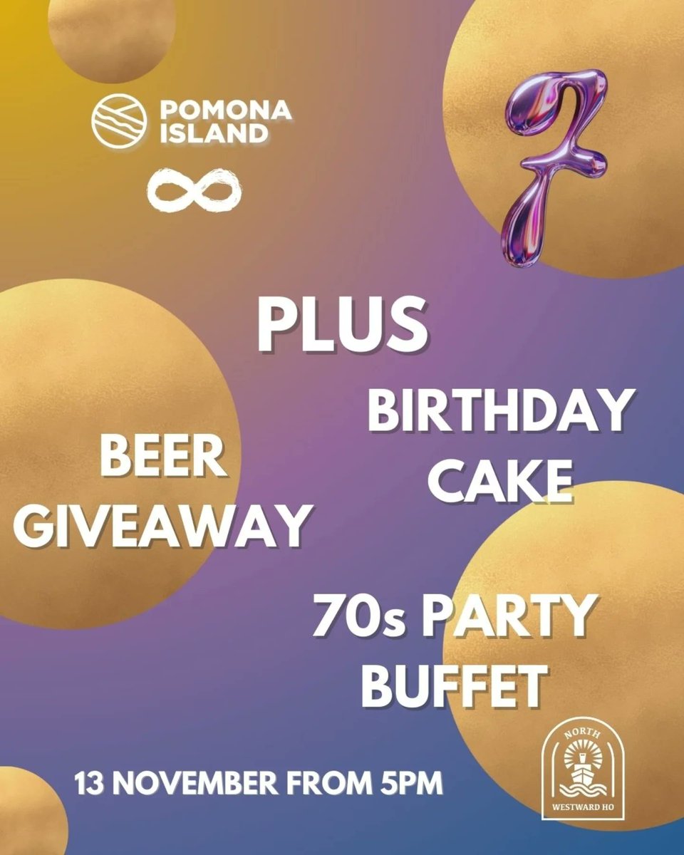 🎈 WE'RE THROWING A PARTY 🎈

To celebrate <a href="/PomonaIsland/">Pomona Island</a> turning 7 we're throwing them a party!

You can expect:
🎂 a bespoke birthday cake
🍻 chance to win a big Pomona beer bundle
🕺 70s party buffet

Head down from 5pm Wednesday for flowing beers &amp; an abundant buffet 🥳