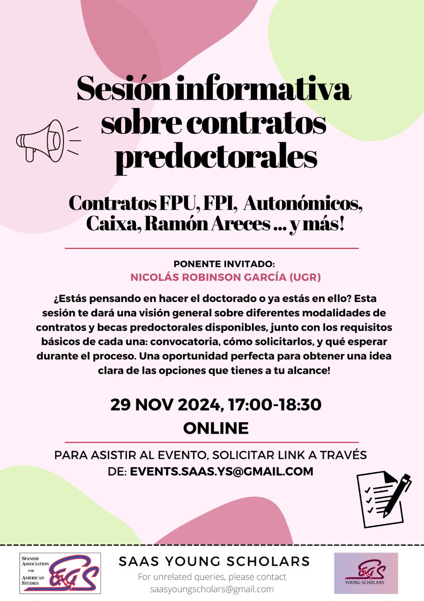 😍📢El día 29 contaremos con Nicolás Robinson García (@nrobinsongarcia) como ponente invitado, quien compartirá su experiencia, consejos y oportunidades de investigación relacionadas con un contrato predoctoral.
📩Preinscripicón gratuita: events.saas.ys@gmail.com
¡Os esperamos!🤩
