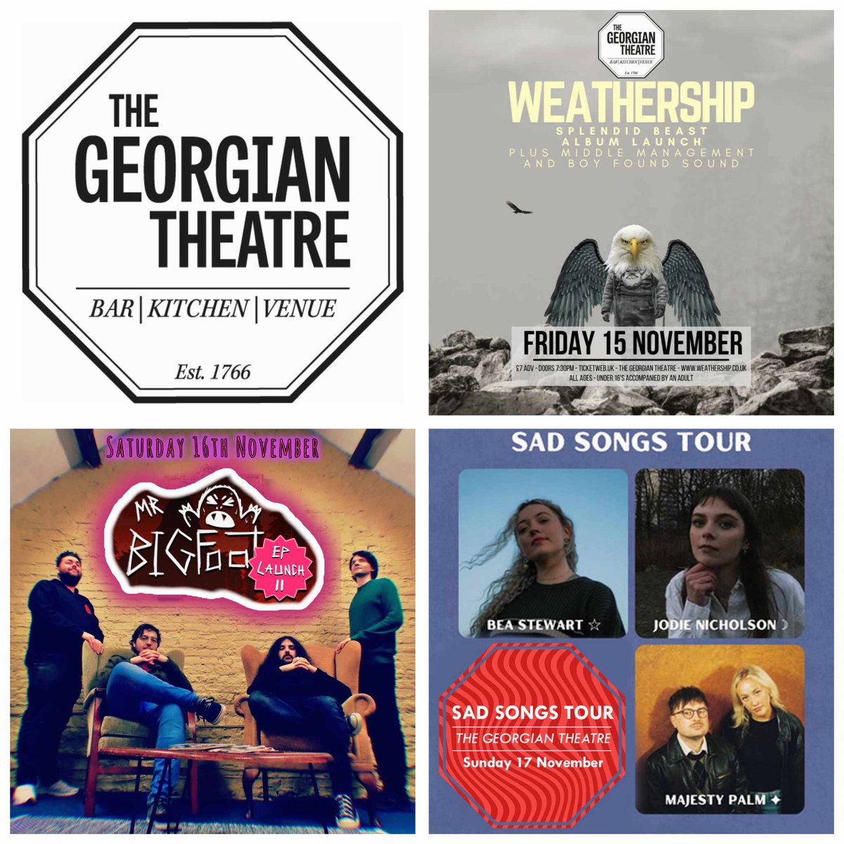 The Georgian Theatre (@georgian_stcktn) on Twitter photo 🎶🎸🫶 A big weekend of local loveliness coming up at The GT...
Fri 15th Nov - <a href="/WEATHERSHIPBAND/">WEATHERSHIP</a> Album Launch
Sat 16th Nov - <a href="/MrBigfootUK/">Mr Bigfoot</a> EP Launch
Sun 17th Nov - Sad Songs Tour w/ <a href="/jodienic_music/">Jodie Nicholson</a>, Bea Stewart & <a href="/majestypalmband/">Majesty Palm</a>
🎟: georgiantheatre.co.uk/live-events/ 🎶🎸🫶 A big weekend of local loveliness coming up at The GT...
Fri 15th Nov - <a href="/WEATHERSHIPBAND/">WEATHERSHIP</a> Album Launch
Sat 16th Nov - <a href="/MrBigfootUK/">Mr Bigfoot</a> EP Launch
Sun 17th Nov - Sad Songs Tour w/ <a href="/jodienic_music/">Jodie Nicholson</a>, Bea Stewart & <a href="/majestypalmband/">Majesty Palm</a>
🎟: georgiantheatre.co.uk/live-events/