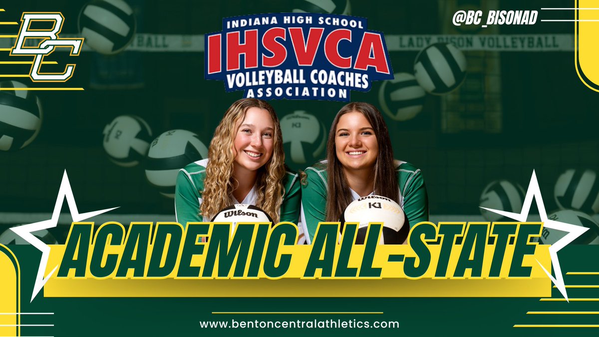 BC_BisonAD's tweet photo. 🎉 Congratulations to Riley Hoaks and Catie Musser for being named to the Academic All-State team by the Indiana High School Volleyball Coaches Association! 🏐📚 Your hard work on and off the court makes Benton Central proud! #AcademicAllState #BisonPride #GoBC https://t.co/hYTG4zeQMW