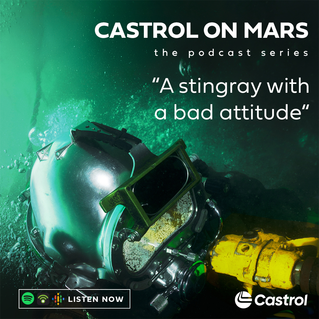 Castrol's tweet image. In Castrol on Mars episode, “A Stingray With A Bad Attitude” Shannon Hovey, a saturation diver, takes us to an alien world; the bottom of the ocean floor. 

Listen online at splr.io/6011WgkXL

#Castrol #Castronomy #DeepOceanExploration