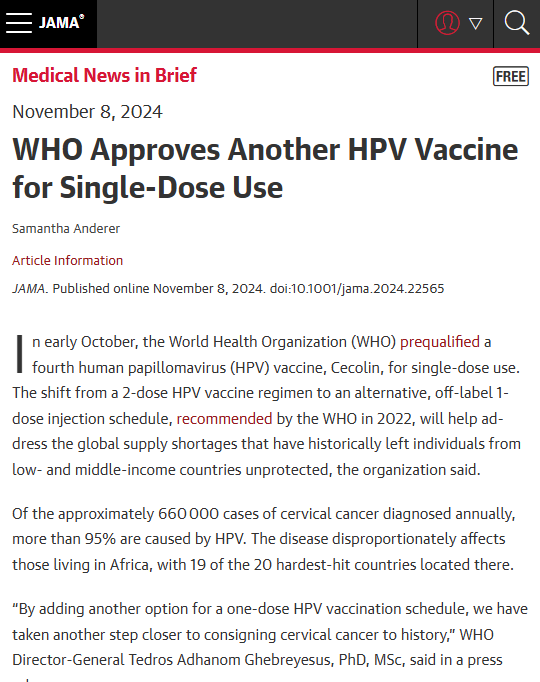 Medical News in Brief: WHO Approves Another HPV Vaccine for Single-Dose Use ja.ma/4fdsvVn