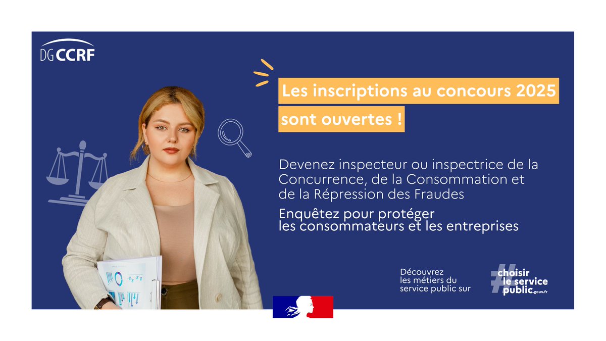dgccrf's tweet photo. 🔎 Plus que quelques jours pour vous inscrire... Devenez inspecteur/inspectrice CCRF en déposant votre candidature et enquêtez pour protéger les consommateurs et les entreprises !
👉 https://t.co/EoHgrJvRUV https://t.co/M8FYyAq2JJ
