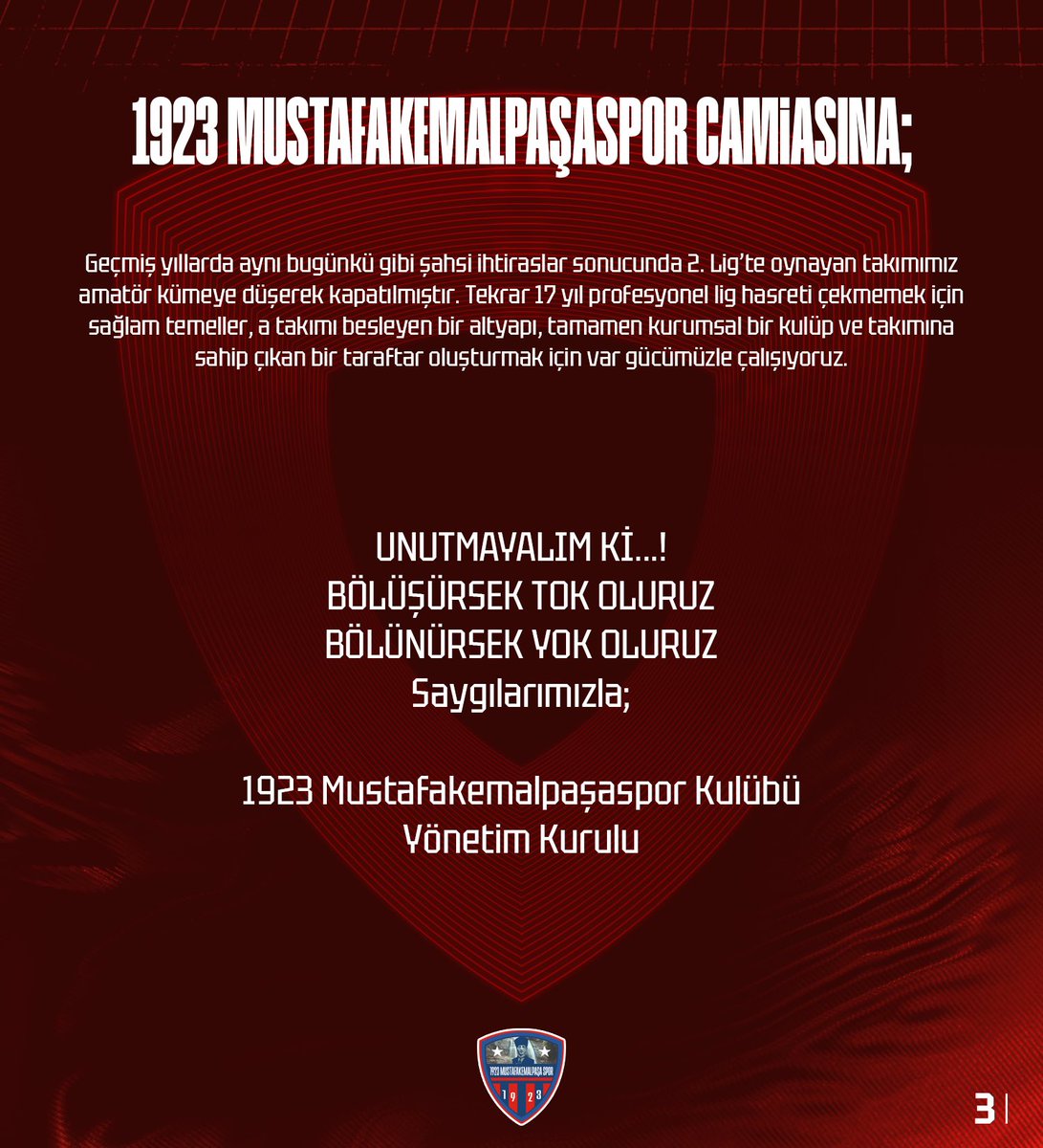1923 Mustafakemalpaşaspor camiasına;