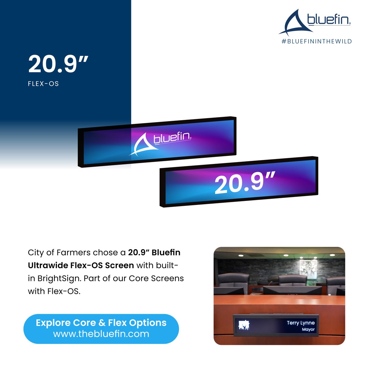 BluefinLcd's tweet image. Ultrawide screens break with traditional aspect ratios. They're the perfect substitute for name plaques in spaces like city halls and courtrooms. @Digitalresources @cityoffarmersbranch project w 20.9" for name and title. #Bluefininthewild #ultrawidescreen hubs.li/Q02XB6zR0