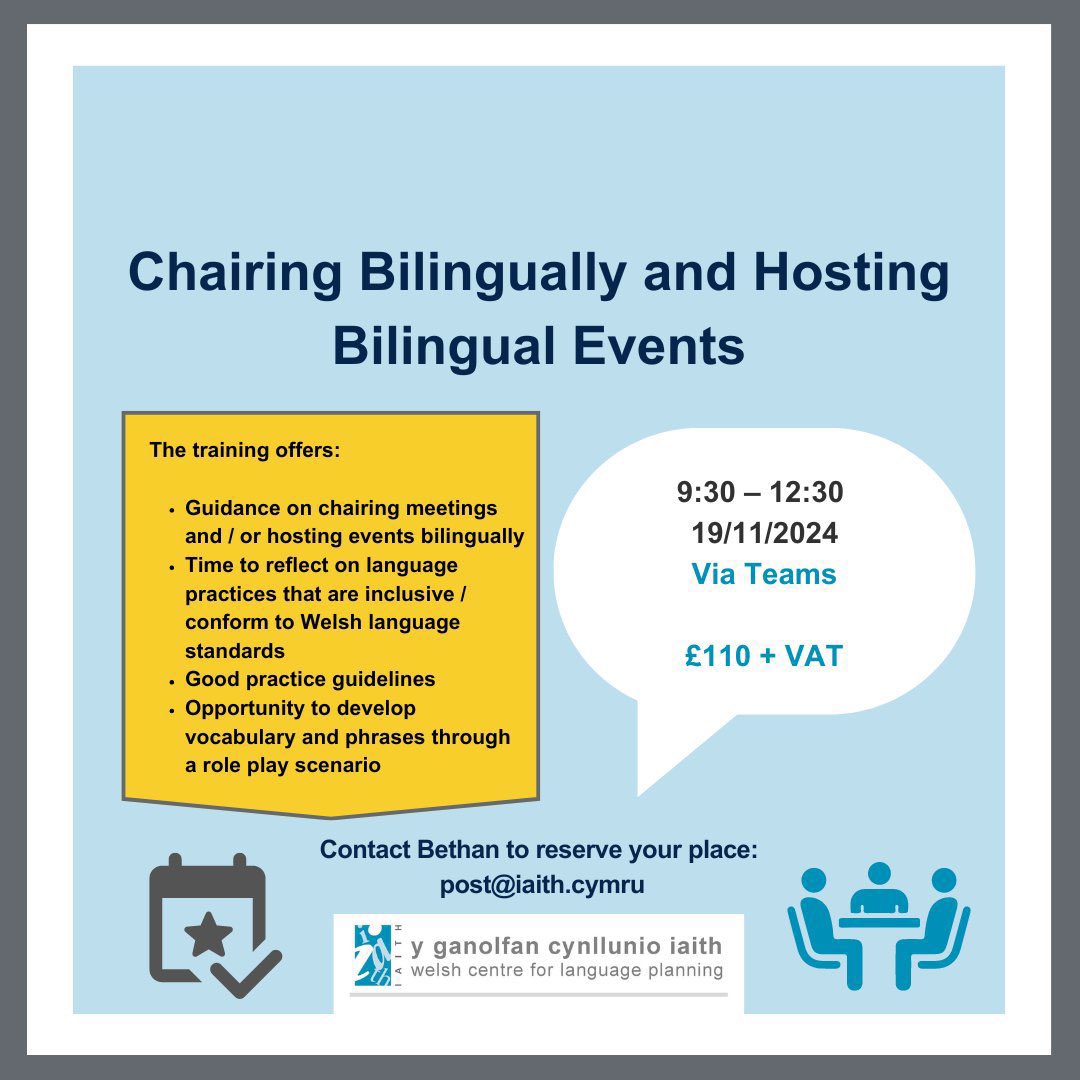 Cadeirio’n Ddwyieithog a Chynnal Digwyddiadau Dwyieithog

Chairing Bilingually and Hosting Bilingual Events

9:30 – 12:30
19/11/2024

Cysyllta â Bethan i gadw dy le:
Contact Bethan to reserve your place:

post@iaith.cymru

#cymraeg #cymru #welsh #wales #bilingual
