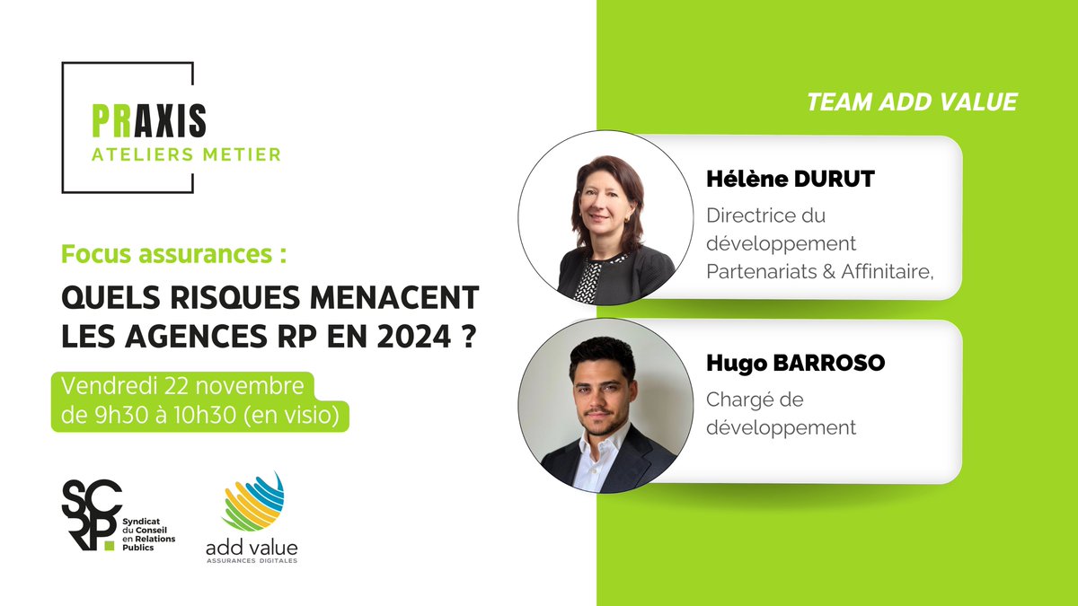 💡Atelier métier PRaxis avec <a href="/AddValue_sa/">AddValue</a> | 22/11 à 9h30 en visio 
Réputation de votre agence, responsabilités du dirigeant, cyberattaques… autant de menaces qui pèsent sur nos métiers. Comment anticiper l'imprévu et sécuriser votre croissance ? 
> relations-publics.org/atelier-metier…