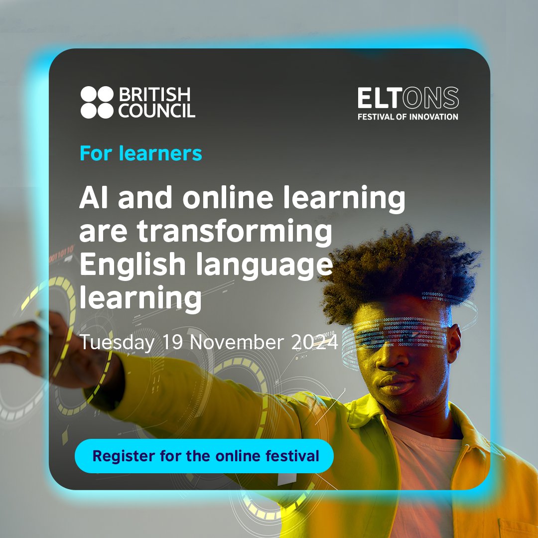 LearnEnglish_BC's tweet photo. Take control of your English language education and empower your learning! Join us at the ELTons Festival of Innovation - a free online festival for learners, educators and organisations on Tuesday 19 November! Register here: https://t.co/yoe2RsIbBa
#ELTons #Englishforlearners https://t.co/8P1n0ljxgr
