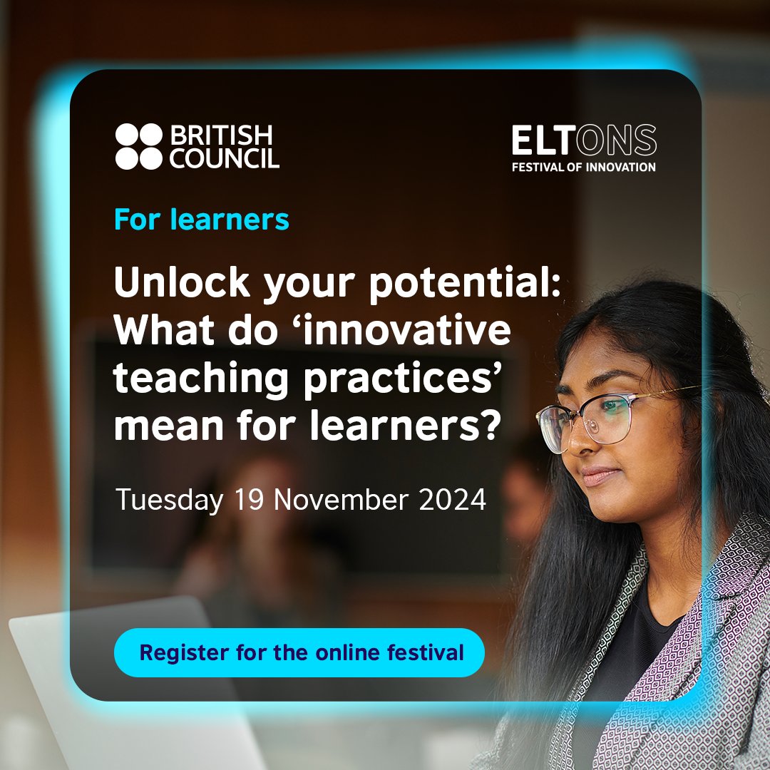 LearnEnglish_BC's tweet photo. Take control of your English language education and empower your learning! Join us at the ELTons Festival of Innovation - a free online festival for learners, educators and organisations on Tuesday 19 November! Register here: https://t.co/yoe2RsIbBa
#ELTons #Englishforlearners https://t.co/8P1n0ljxgr