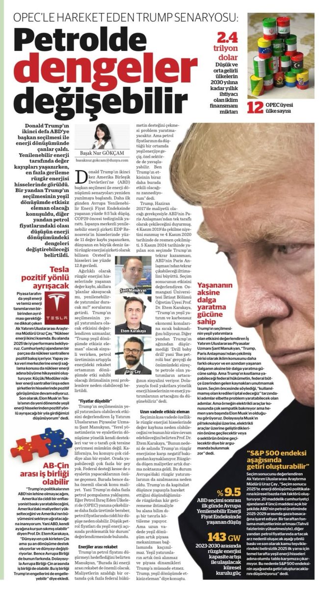 Trump'ın seçilmesinin yeşil dönüşümüzerine etkilerine dair benim de değerlendirmelerimin olduğu Dünya gazetesi haberi.

-Enseyi karartmayın, Trump her ne kadar "drill baby drill" dese de, yeşil dönüşüm orta ve uzun vade de ilerlemesini devam edecektir
dunya.com/emtia/petrolde…
