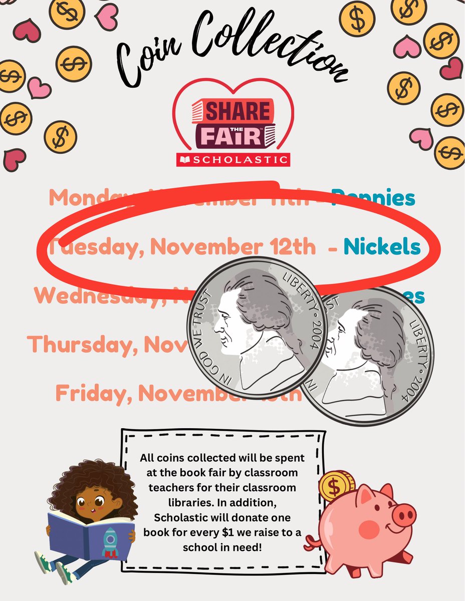 DuelloLibrary's tweet image. Book Fair Prep continues with the coin challenge! Collecting nickels today! After collecting pennies yesterday, @MrsFeiseDUEK class is in the lead! 
@DUE_Principal @Duello_AP