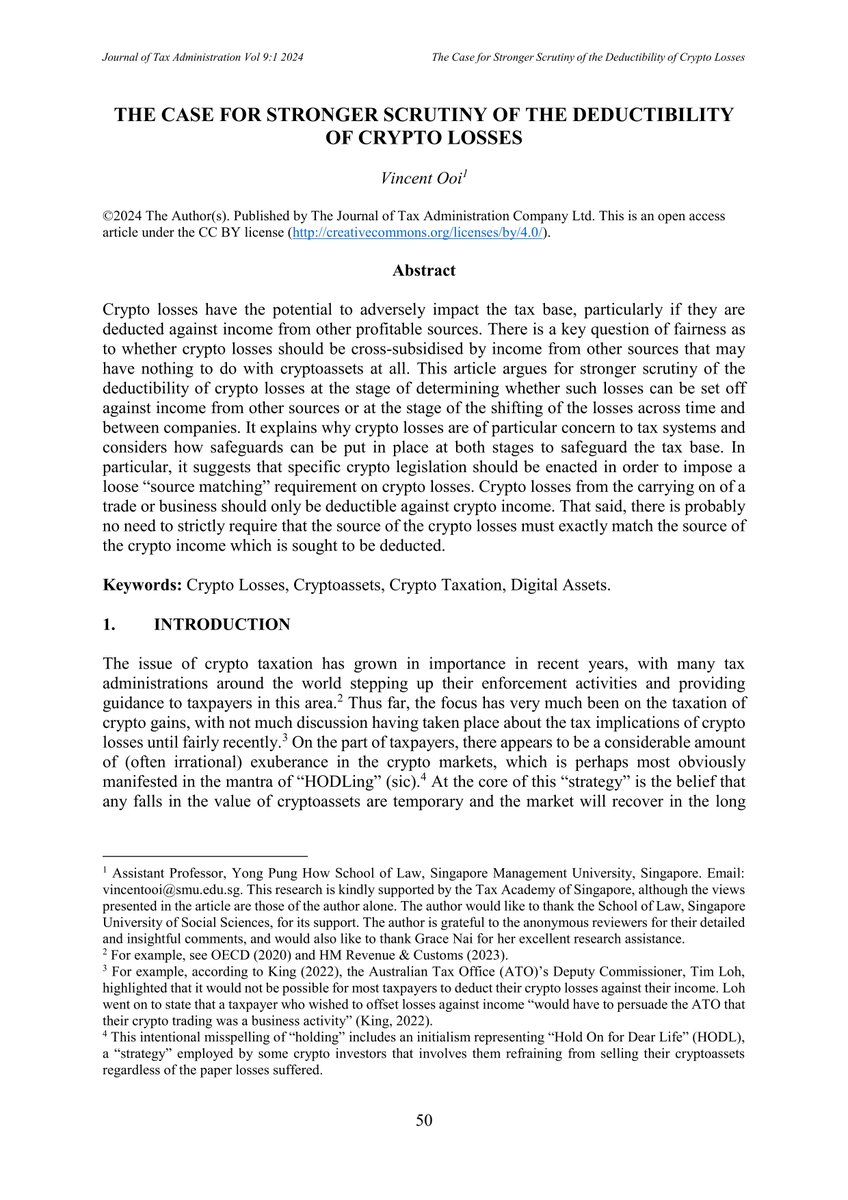 JOTAJournal (@jotajournal) on Twitter photo NEW PAPER: "The Case for Stronger Scrutiny of the Deductibility of Crypto Losses" by Vincent Ooi (<a href="/DrVincentOoi/">Vincent Ooi</a>) of SMU Yong Pung How School of Law (@sgsmuyphsl). Read it, free of charge, on our website: jota.website/jota/article/v… <a href="/KotsogiannisC/">Christos Kotsogiannis</a> <a href="/TARC2013/">TARC</a> NEW PAPER: "The Case for Stronger Scrutiny of the Deductibility of Crypto Losses" by Vincent Ooi (<a href="/DrVincentOoi/">Vincent Ooi</a>) of SMU Yong Pung How School of Law (@sgsmuyphsl). Read it, free of charge, on our website: jota.website/jota/article/v… <a href="/KotsogiannisC/">Christos Kotsogiannis</a> <a href="/TARC2013/">TARC</a>