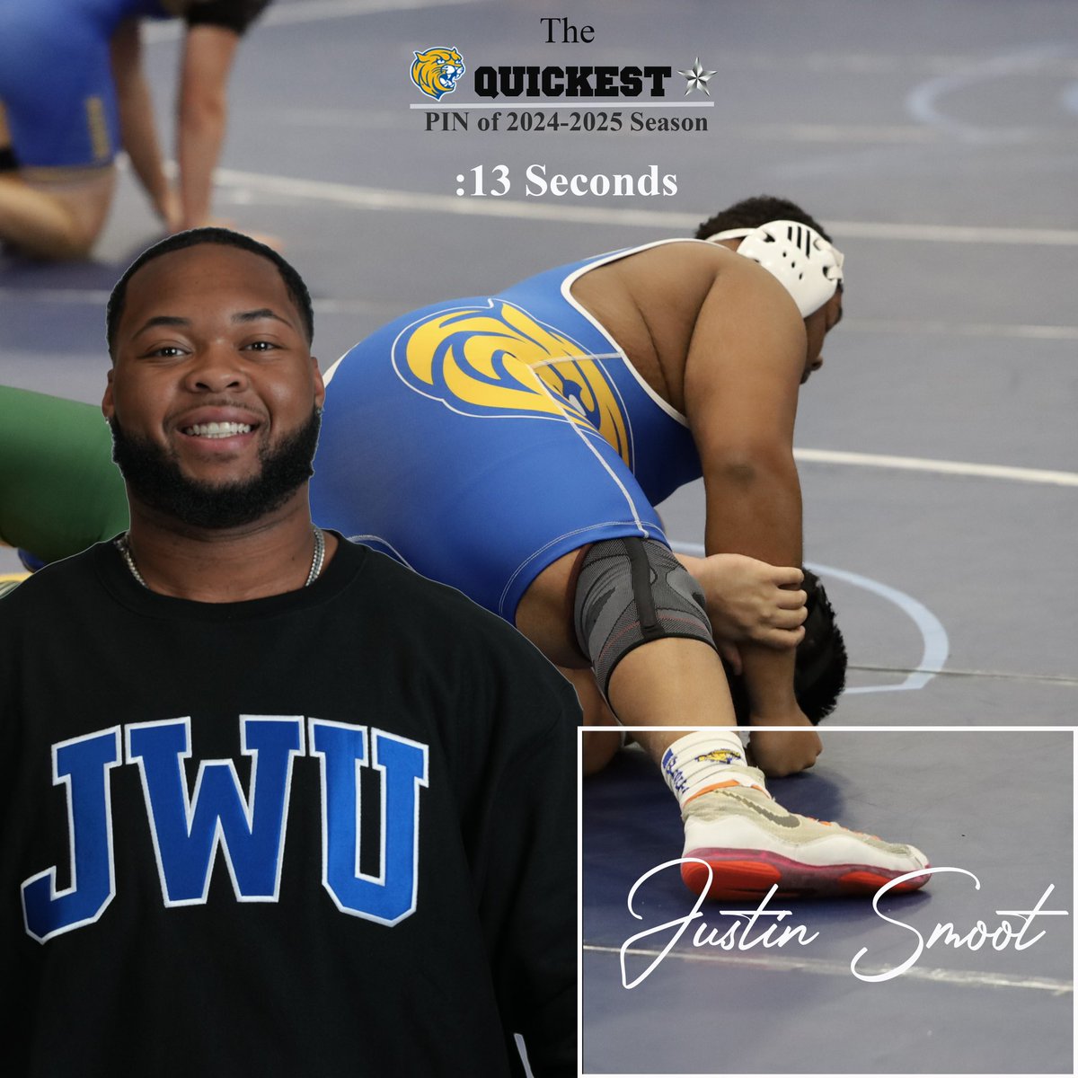 JWUWRESTLING's tweet photo. Justin Smoot recorded a :13 second pin this weekend at the RWU invite. It is now the 12th fastest pin in JWU history. Can anyone top that time this year? Itβs a quick one!!! #WINatEVERYTHING #QuickPin https://t.co/JcRecvzoFv