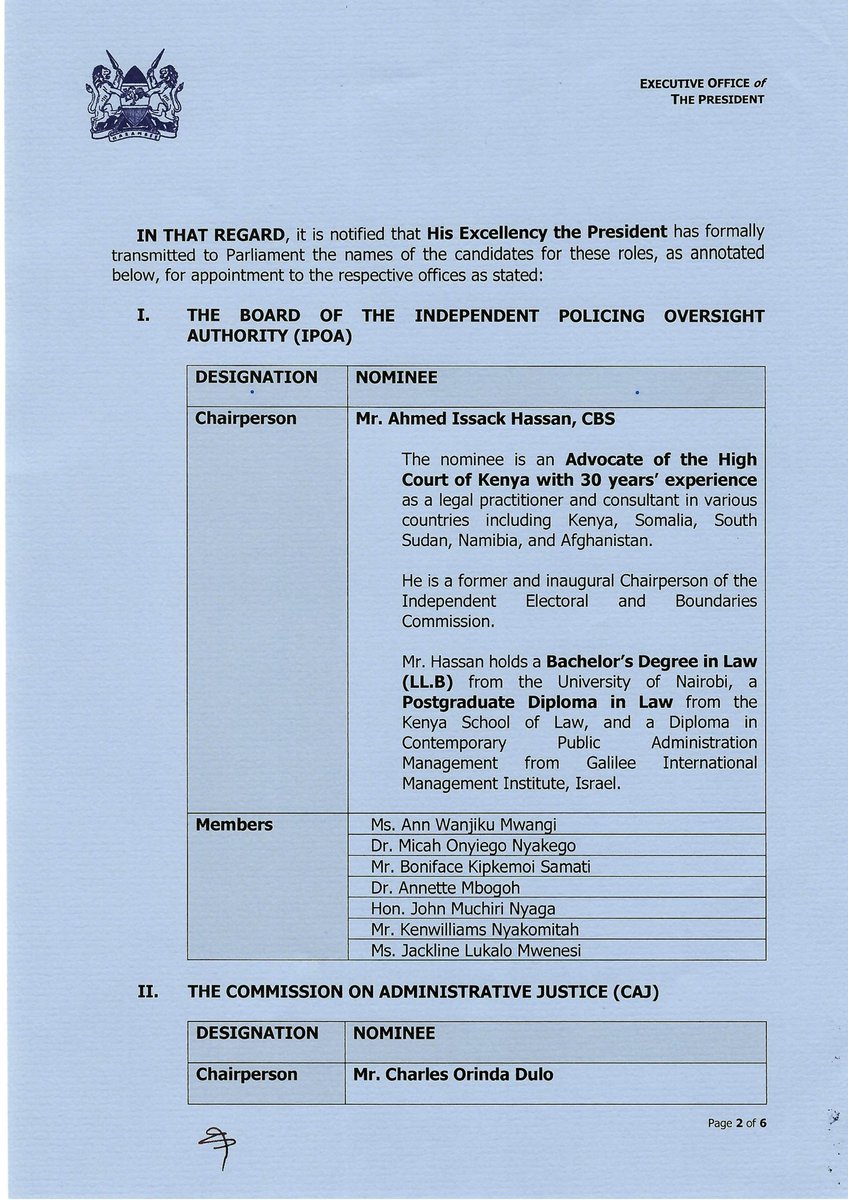 HusseinMohamedg's tweet photo. President @WilliamsRuto has nominated chairpersons and members of the IPOA, CAJ, and the National Gender and Equality Commission, as well as the Second Deputy-Governor of the CBK. https://t.co/4vCxJIwy72