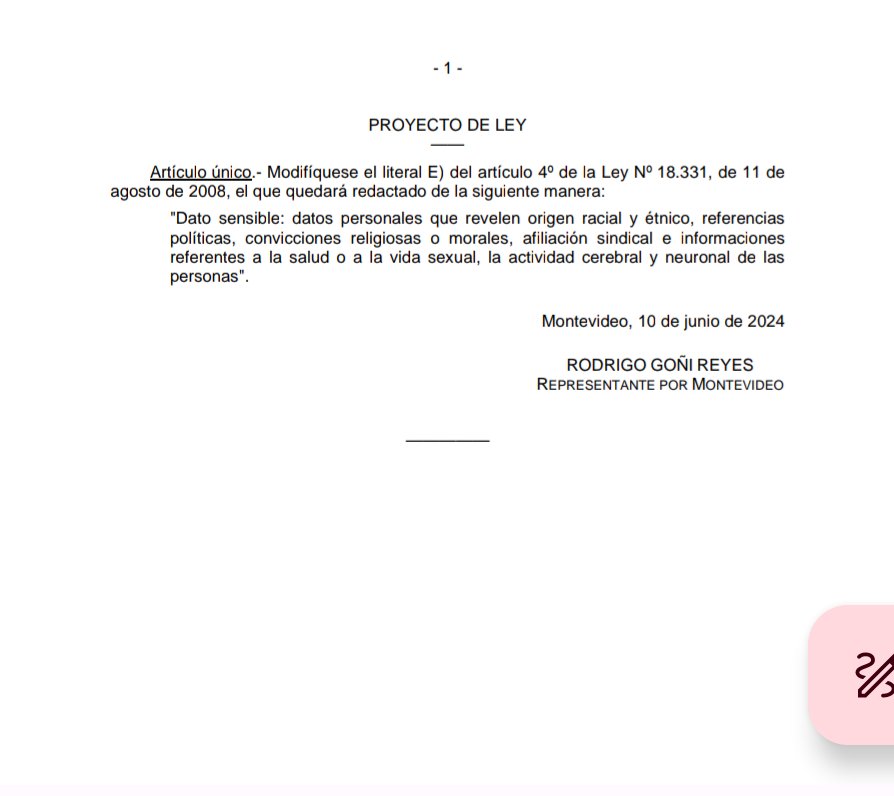 #NeuroDerechosLaborales 🧠

#Uruguay 🇺🇾 cuenta con un proyecto de ley presentado por el diputado <a href="/DipRodrigoGoni/">Rodrigo Goñi Reyes</a> para que los datos cerebrales y neuronales se califiquen como sensibles.

El uso de #neurotecnologías en seres humanos requiere de una legislación con amplio consenso.