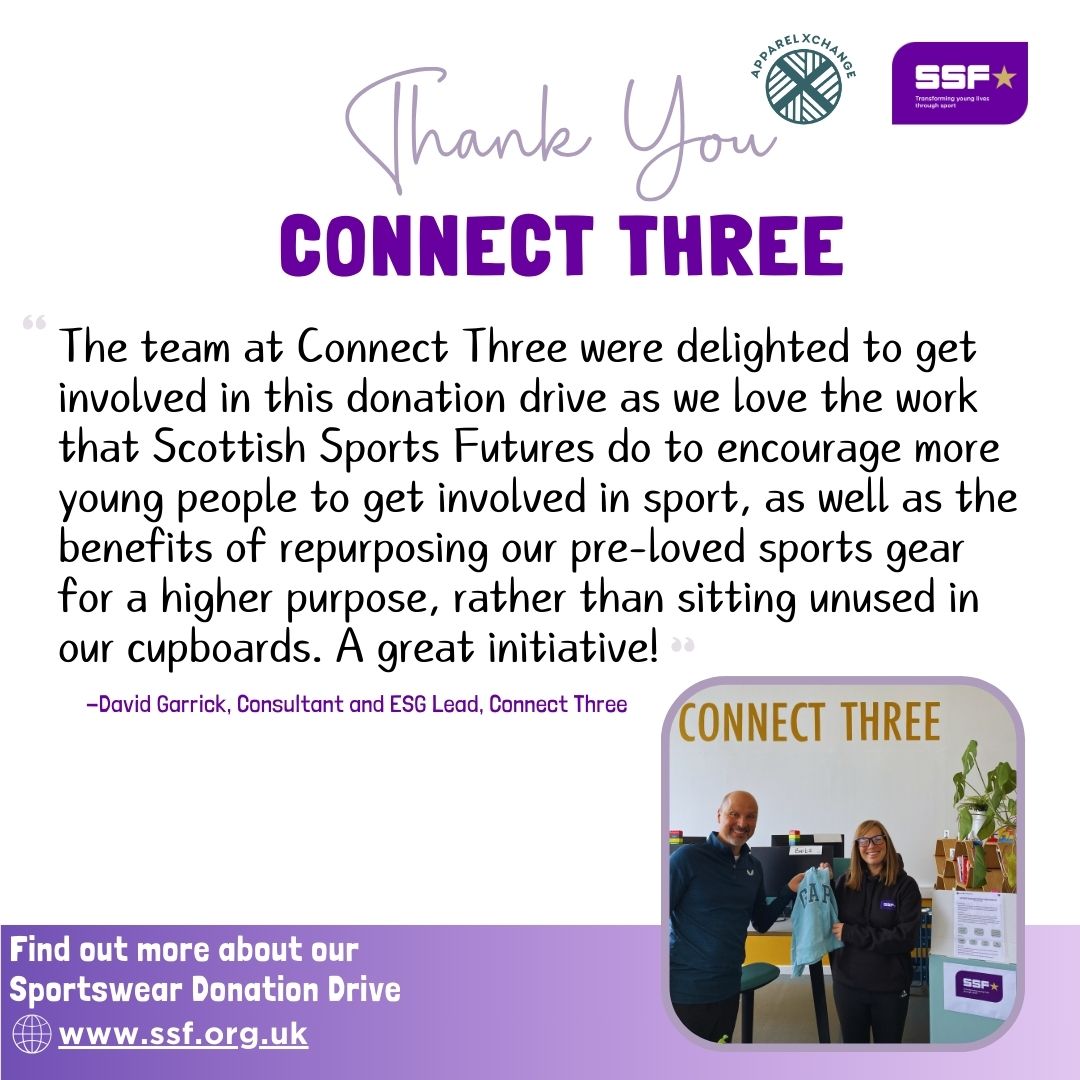 Big shout out to David Garrick and <a href="/connect_three/">CONNECT THREE</a>! David has been using corporate volunteer hours to support our work around #environmentalsustainability 🌏♻️and the team got involved with our Sportswear Donation Drive and donated a bunch of sportswear.  Thank you! 🌟💜