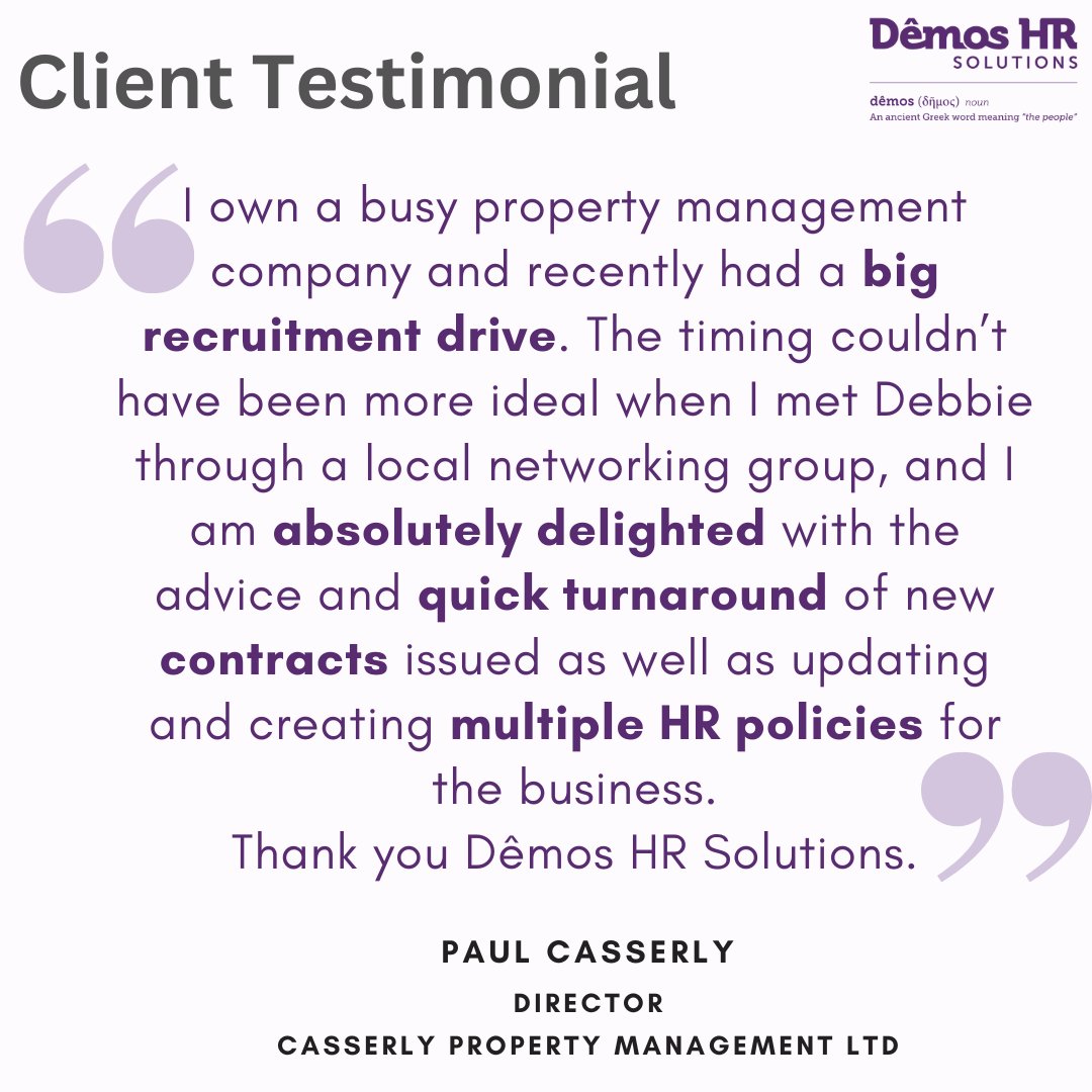 Demos HR Solutions (@demoshruk) on Twitter photo Thank you to <a href="/casserlypm/">casserlypm</a> for this testimonial about the support we provided as part of their growing business’s recruitment drive!
If your company is growing and you need HR support, get in touch on 07974 695 365 or email hello@demoshr.co.uk.
demoshr.co.uk/testimonials Thank you to <a href="/casserlypm/">casserlypm</a> for this testimonial about the support we provided as part of their growing business’s recruitment drive!
If your company is growing and you need HR support, get in touch on 07974 695 365 or email hello@demoshr.co.uk.
demoshr.co.uk/testimonials