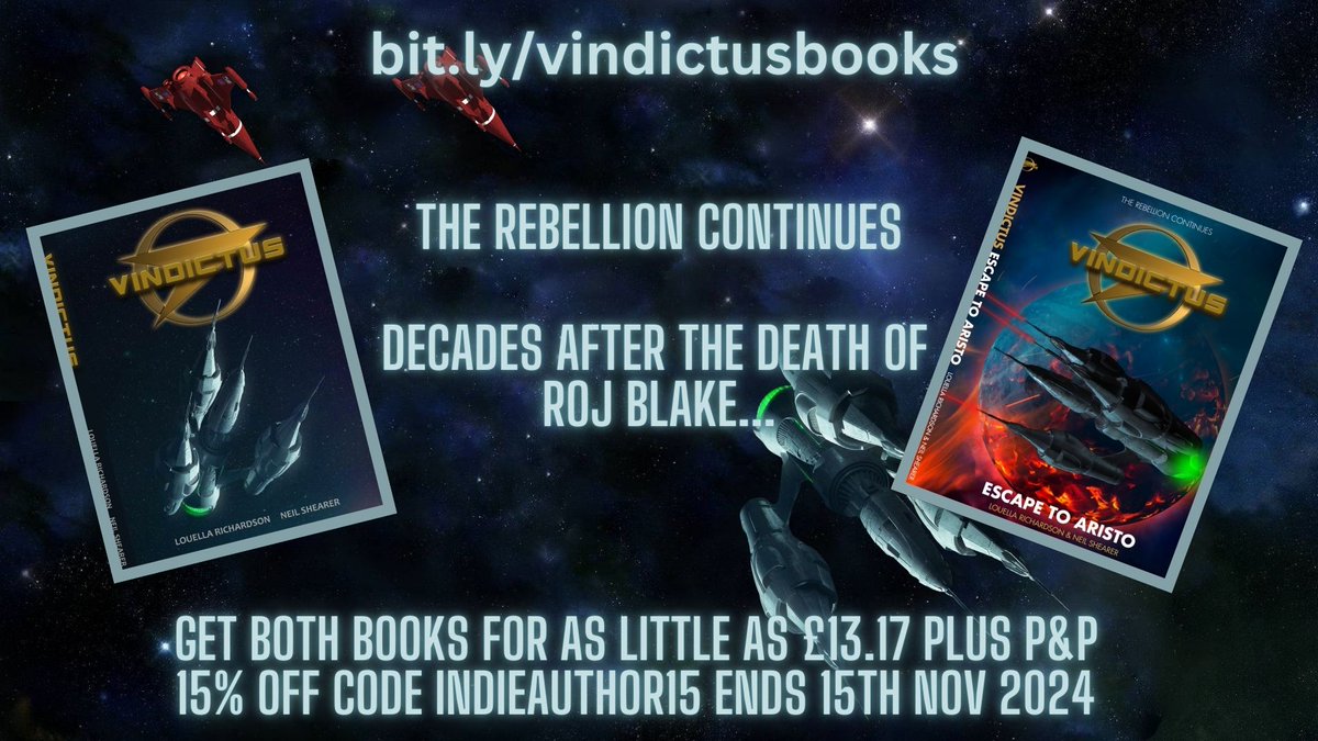 vindictusseries's tweet photo. In what has been a bumper week for Blake's 7 fans, why not get yourself a bargain 15% off both Vindictus books. Use code INDIEAUTHOR15 at checkout after entering your delivery details. Code expires Friday at midnight. Any profits go to charity. https://t.co/8r1c8wfMBf #Blakes7 https://t.co/yZSSdEPkbM
