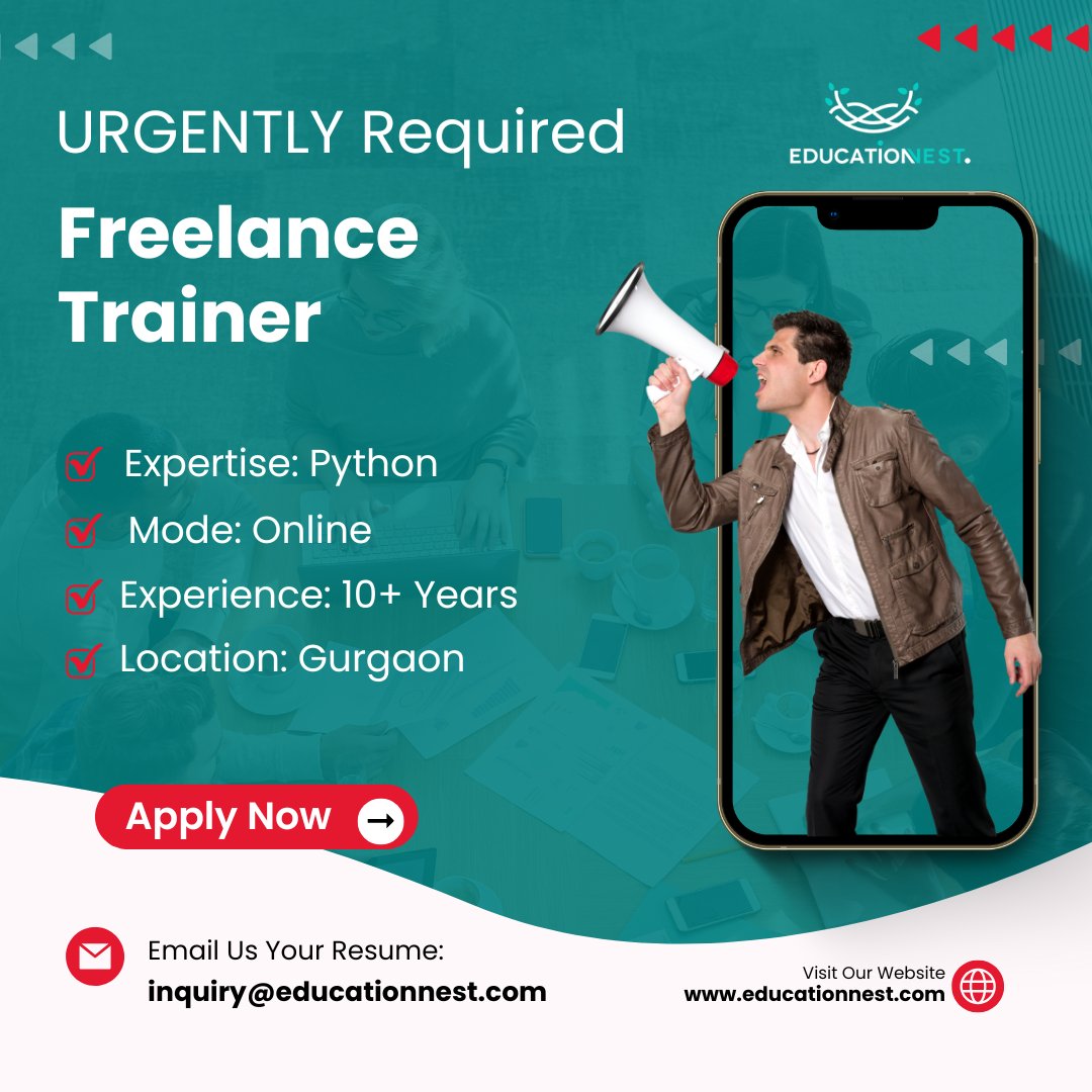 EducationNest's tweet image. #HiringAlert
#EducationNest is in search of an experienced Python trainer to lead engaging, hands-on corporate training sessions online. Please send your resume to inquiry@educationnest.com
#PythonTrainer #CorporateTraining #FreelanceOpportunity #PythonSkills #GurgaonHiring