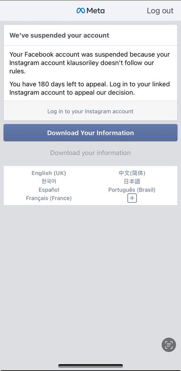 poo_whale's tweet photo. @facebookapp @meta @facebook 
My account was randomly disabled and there is no way for me to log back in. 
I’ve logged into Instagram and there is no option to appeal. Please help. https://t.co/TA15id8Gur