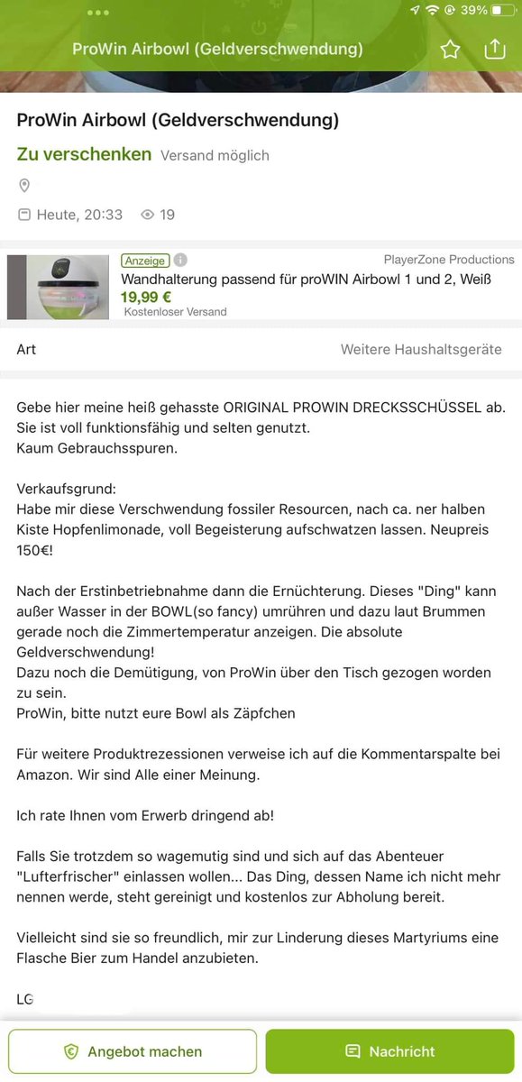 schwurbelwatch's tweet photo. @PaulaPasst Bei Kleinanzeigen müssen wir direkt immer an diesen Klassiker denken, in dem jemand senie #ProWin Airbowl verkaufen will.

"ProWin, bitte nutzt eure Bowl als Zäpfchen" https://t.co/MwsLQlblb0