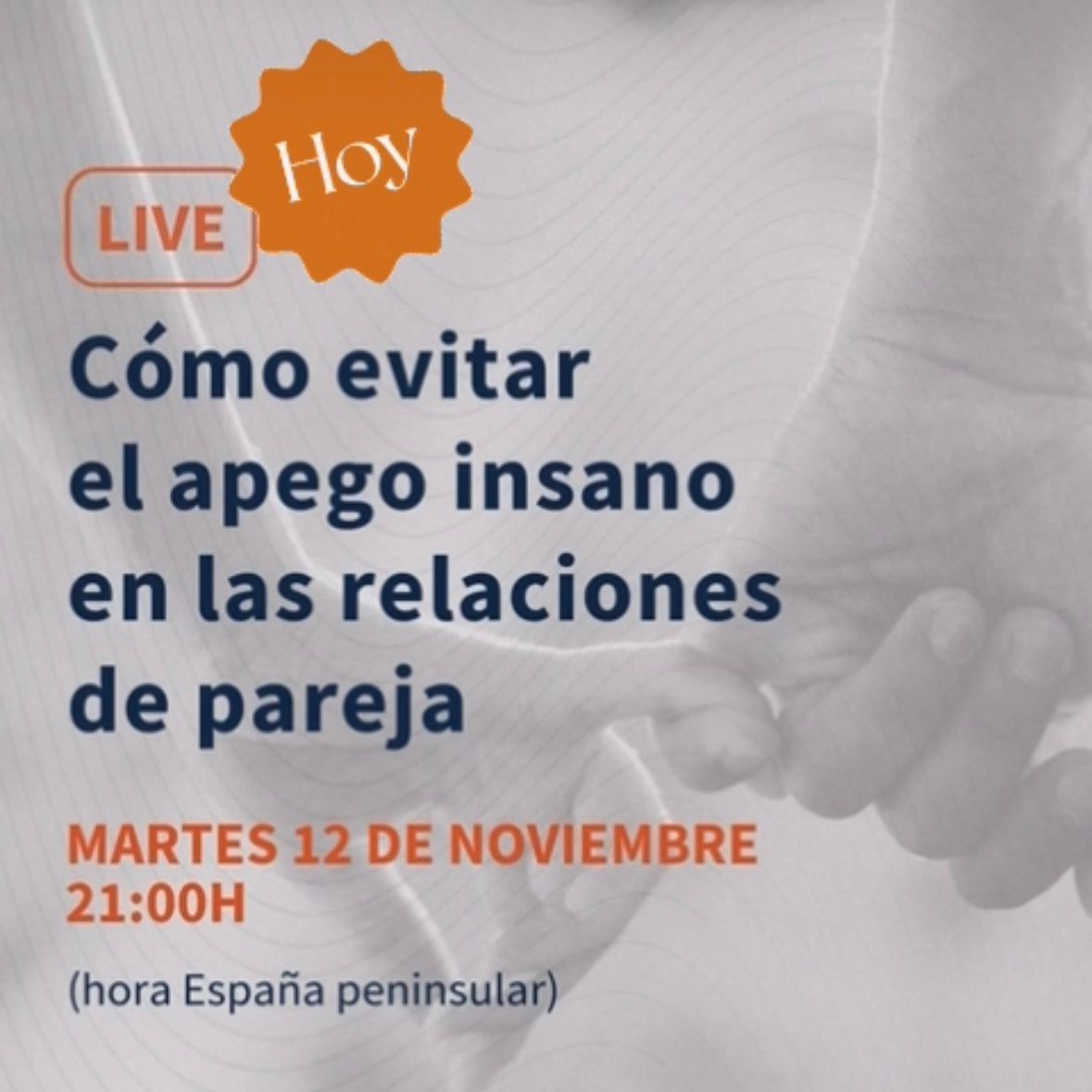 Hoy, martes 12 de noviembre a las 21.00 (hora España peninsular) me conectaré en directo para hablar sobre “cómo evitar el apego insano en las relaciones de pareja” y compartir con vosotr@s algunas claves para disfrutar de los vínculos íntimos de forma saludable. ¡Os espero!
