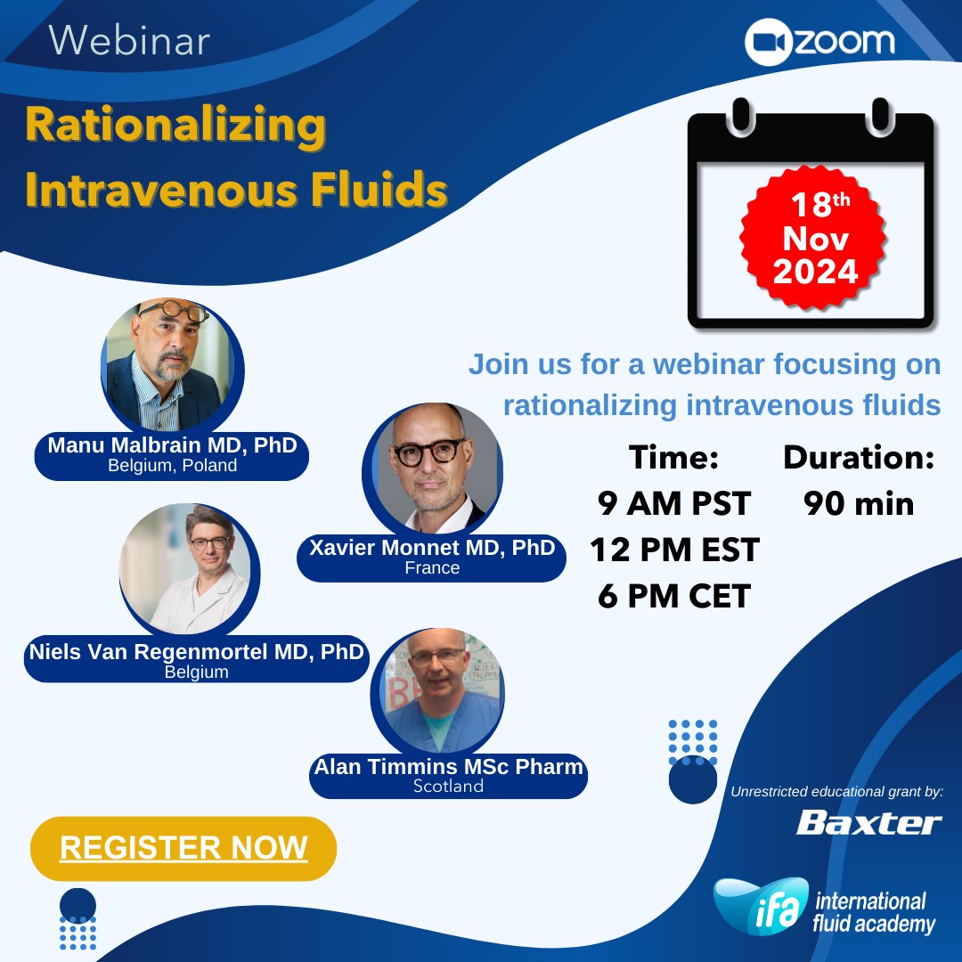 Fluid_Academy's tweet photo. 💡Join us for our upcoming webinar on Rationalizing IV Fluids! 

🗓️Date: Monday, 18th November 2024
⏰Time: 9 AM PST | 12 PM EST | 6 PM CEST
⌛️Duration: 90 min 

Discover strategies for optimizing intravenous fluid use with insights from experts @Manu_Malbrain (BE, PL), Niels Van Regenmortel (@icu_nivare) (BE), Xavier Monnet (@Prof_XMonnet) (FR) and Alan Timmins (SCT).

Register now! 🙌 👇
https://t.co/D2uw3DkgW7

#IVFluids #FluidTherapy #CriticalCare #HealthcareWebinar #MedicalEducation #FluidManagement #FOAMed #PatientCare #HealthcareProfessionals