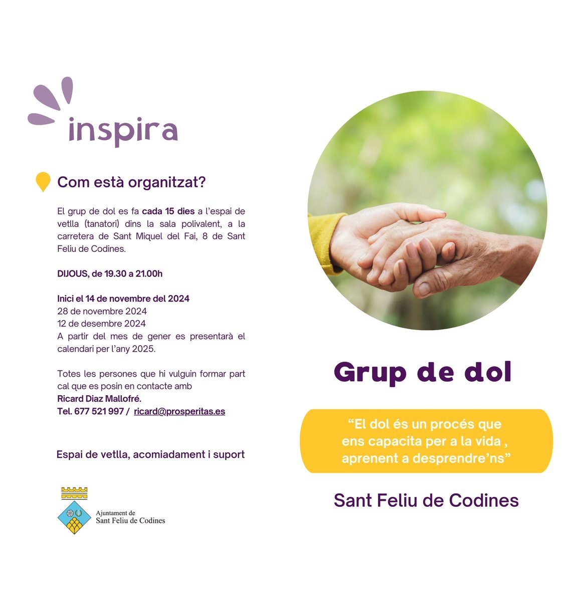 📢 Inaugurat l’Espai de Vetlla, Acompanyament i Suport de #SantFeliudeCodines

🌿 Un lloc per trobar suport en moments de pèrdua, reflexionar i créixer personalment.

➡️ Grup de suport al dol: cada dijous a les 18.30h, obert a tothom #sfc182

ℹ️ santfeliudecodines.cat
