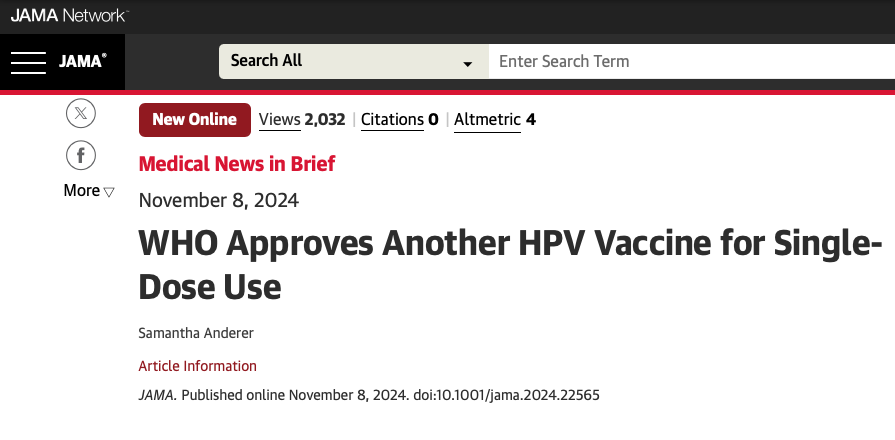 WHO Approves Another HPV Vaccine for Single-Dose Use Out on JAMA

In October, the World Health Organization (WHO) prequalified Cecolin, a fourth HPV #vaccine, for single-dose use, following its 2022 recommendation to shift from a 2-dose to a 1-dose schedule to address global