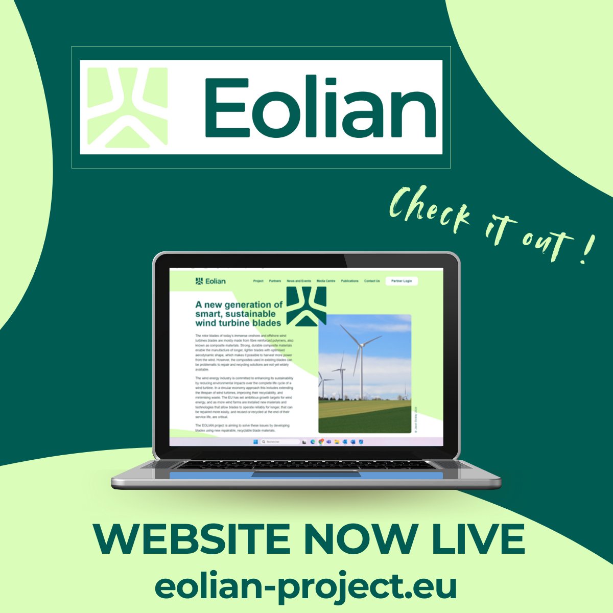 The #EOLIAN project is developing a new, more sustainable #wind turbine #blade – repairable, recyclable, and smart.

💻Visit our new website to find out how: eolian-project.eu 

#windenergy #compositematerials #vitrimers #naturalfibres #circulareconomy #EUresearch