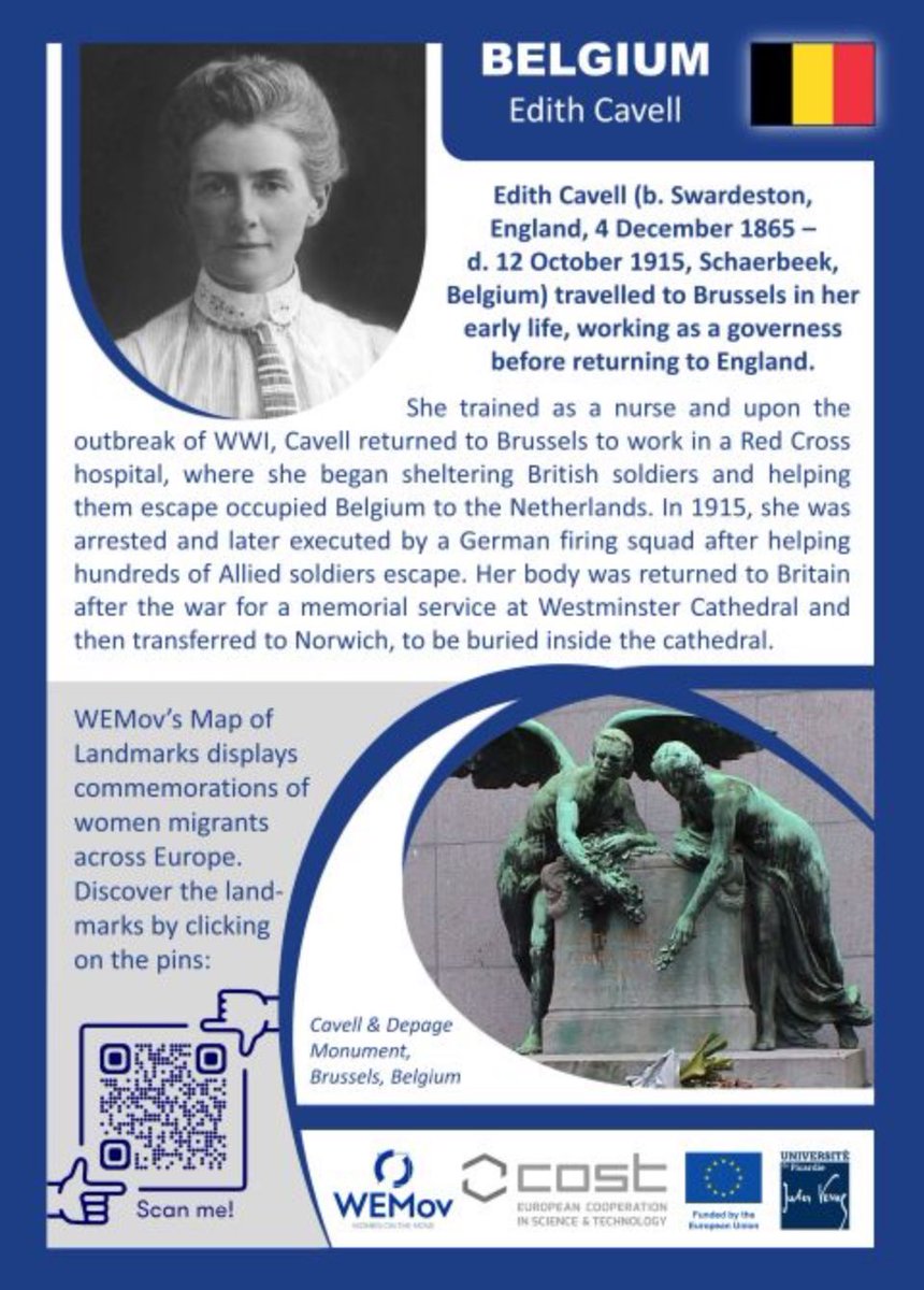 WEMov’s Map of landmarks displays commemorations of women migrants across Europe.
Discover the landmarks by clicking on the pins:
lnkd.in/dEvdfvjZ...

The woman migrant’s landmark of the week is Edith Cavell, her monument is in Brussels, Belgium.
