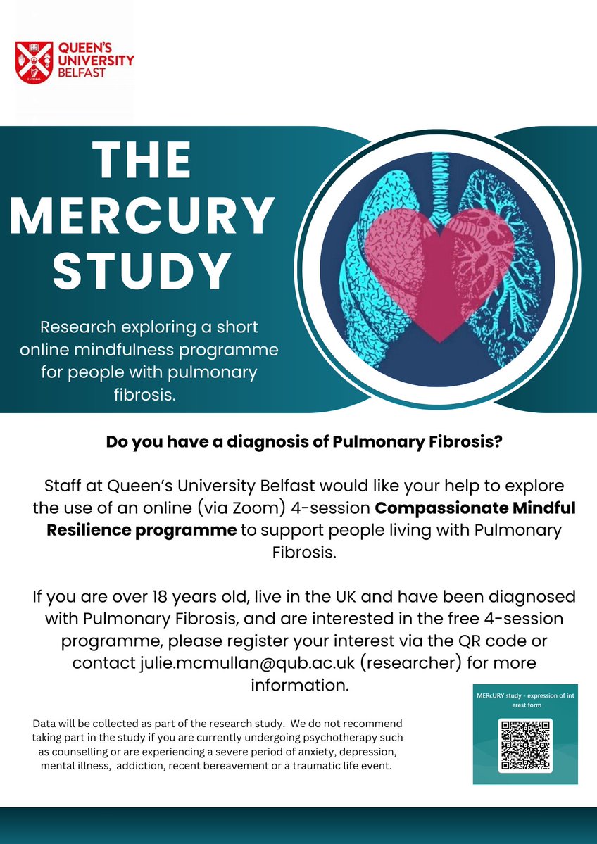 QUBNursing&Midwifery (@qubsonm) on Twitter photo 📢New study exploring the use of mindfulness in pulmonary fibrosis (PF). Do you have a diagnosis of PF? Are you over 18 years old and currently living in the UK? If yes, consider taking part. More info⬇️<a href="/asthmalunguk/">Asthma + Lung UK</a> <a href="/ActionPFcharity/">Action for Pulmonary Fibrosis</a> <a href="/PFNI_NIRELAND/">Pulmonary Fibrosis NI</a> <a href="/ClareVeigh/">Clare Mc Veigh</a> <a href="/JulieMcMullan11/">Dr Julie McMullan</a> 📢New study exploring the use of mindfulness in pulmonary fibrosis (PF). Do you have a diagnosis of PF? Are you over 18 years old and currently living in the UK? If yes, consider taking part. More info⬇️<a href="/asthmalunguk/">Asthma + Lung UK</a> <a href="/ActionPFcharity/">Action for Pulmonary Fibrosis</a> <a href="/PFNI_NIRELAND/">Pulmonary Fibrosis NI</a> <a href="/ClareVeigh/">Clare Mc Veigh</a> <a href="/JulieMcMullan11/">Dr Julie McMullan</a>