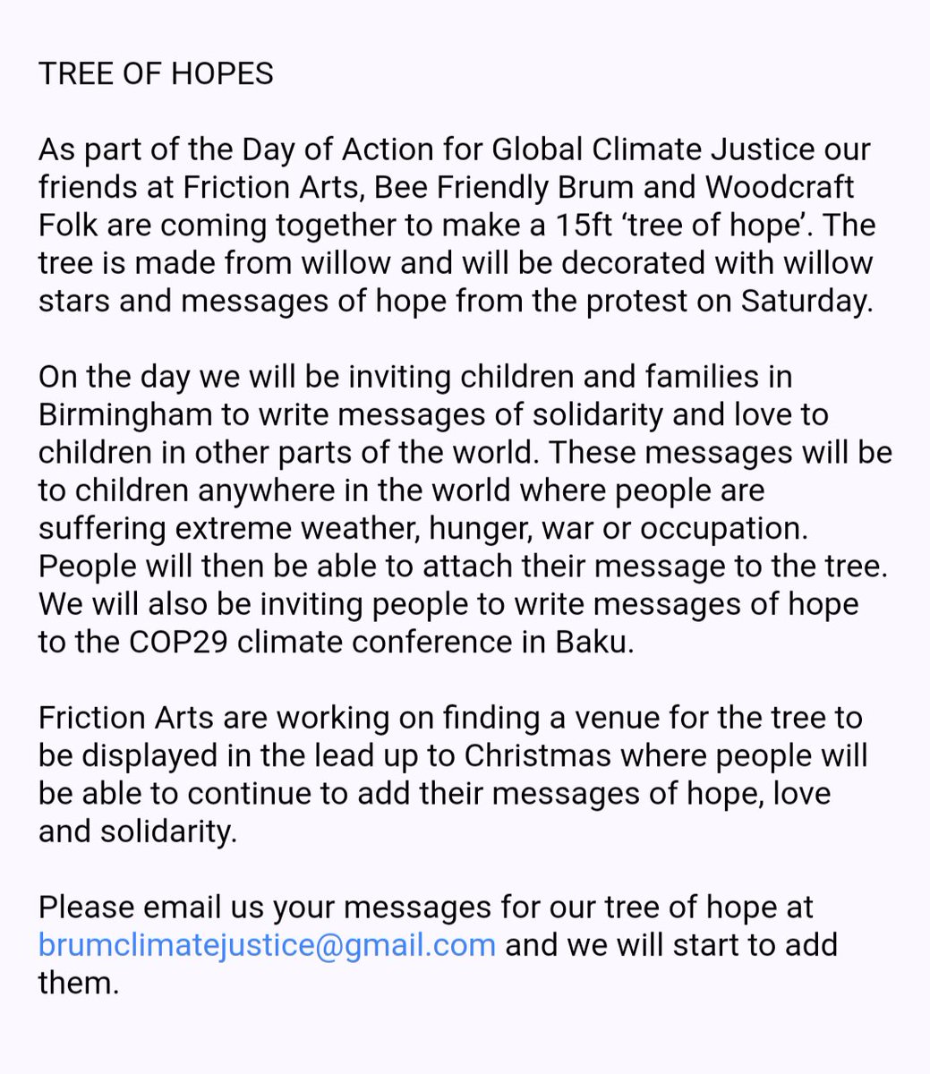 Bee Friendly Brum (@beefriendlybrum) on Twitter photo As part of the Day of Action for Global Climate Justice our friends at <a href="/friction_arts/">Friction</a>, <a href="/BrumCJC/">Birmingham Climate Justice Coalition</a> & Woodcraft Folk are coming together to make a 15ft ‘tree of hope’ made from willow and decorated with willow stars and messages of hope from the protest on Saturday.
more details: As part of the Day of Action for Global Climate Justice our friends at <a href="/friction_arts/">Friction</a>, <a href="/BrumCJC/">Birmingham Climate Justice Coalition</a> & Woodcraft Folk are coming together to make a 15ft ‘tree of hope’ made from willow and decorated with willow stars and messages of hope from the protest on Saturday.
more details: