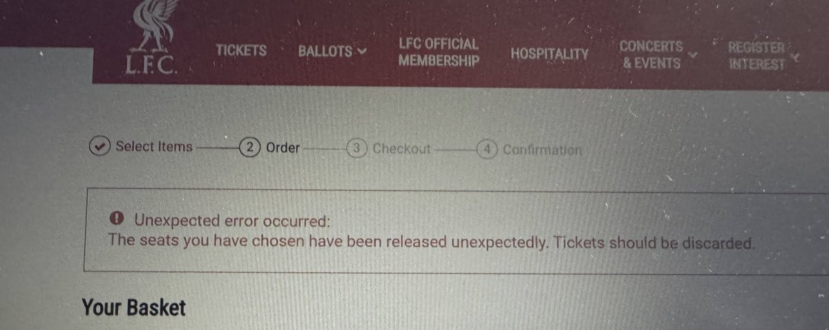 lfctomo84's tweet photo. by far the worst members sale ever. Millionth in the queue, hours to get in, multiple crashes trying to select tickets and then an error telling me to empty my basket twice and reselect all tickets. Has to change for next season @LFC @LFCHelp @spiritofshankly https://t.co/delAygrP3j
