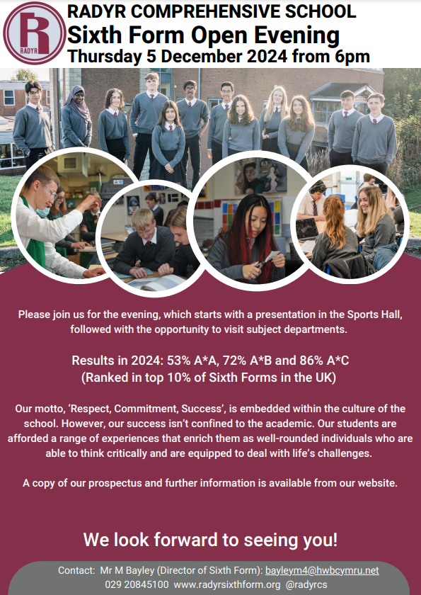 Re: Sixth Form Open Evening - Thursday 5 December 2024 6pm