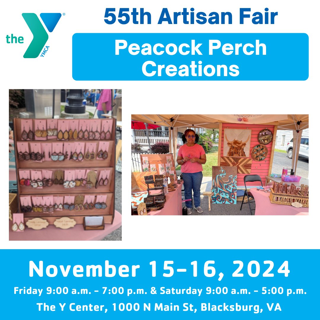 vtymca's tweet image. Meet Your Vendors!
Peacock Perch Creations from Christiansburg, VA, is joining the YMCA&apos;s 55th Artisan Fair! Discover laser-cut decor, unique jewelry, personalized items, and novelty gifts—perfect for the holidays!

🗓️ Nov 15-16
📍 YMCA Thrift
#YMCAArtisanFair #ShopLocal