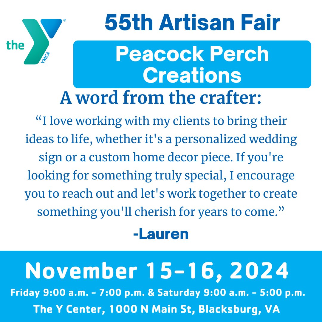 Meet Your Vendors!
Peacock Perch Creations from Christiansburg, VA, is joining the YMCA's 55th Artisan Fair! Discover laser-cut decor, unique jewelry, personalized items, and novelty gifts—perfect for the holidays!

🗓️ Nov 15-16
📍 YMCA Thrift
#YMCAArtisanFair #ShopLocal