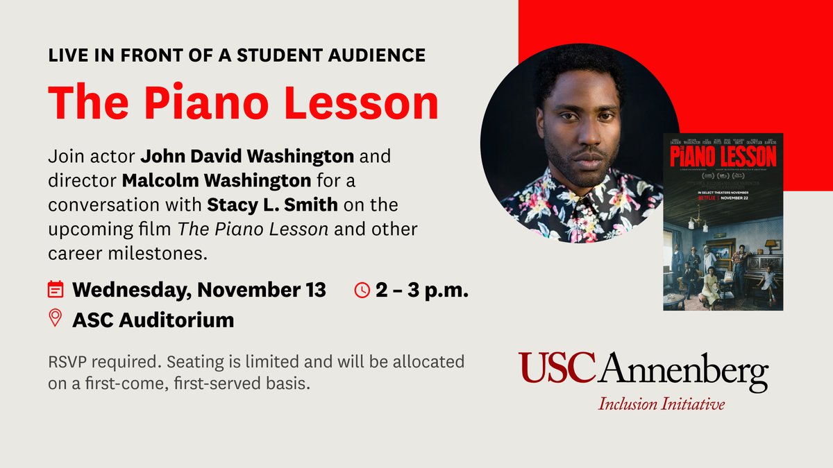 USC Annenberg (@uscannenberg) on Twitter photo Join Stacy L. Smith and <a href="/Inclusionists/">Annenberg Inclusion Initiative</a> for a conversation with John David Washington and Malcolm Washington on Nov. 13 at 2 p.m. Hear about the upcoming film “The Piano Lesson” and more as part of the “Live in Front of a Student Audience” series! RSVP: annenberg.usc.edu/events/live-fr… Join Stacy L. Smith and <a href="/Inclusionists/">Annenberg Inclusion Initiative</a> for a conversation with John David Washington and Malcolm Washington on Nov. 13 at 2 p.m. Hear about the upcoming film “The Piano Lesson” and more as part of the “Live in Front of a Student Audience” series! RSVP: annenberg.usc.edu/events/live-fr…