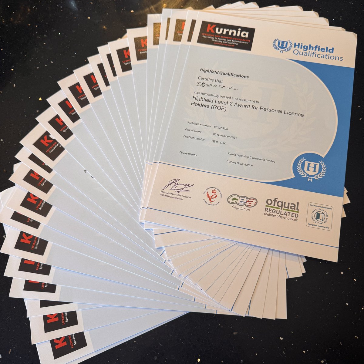 Always great when we receive <a href="/askhighfield/">Highfield</a> APLH certificates for our clients. 25 arrived today along with 25 DBS certificates (not from Highfield), now to process 25 personal licence applications.
kurnia.co.uk for all your licensing needs.