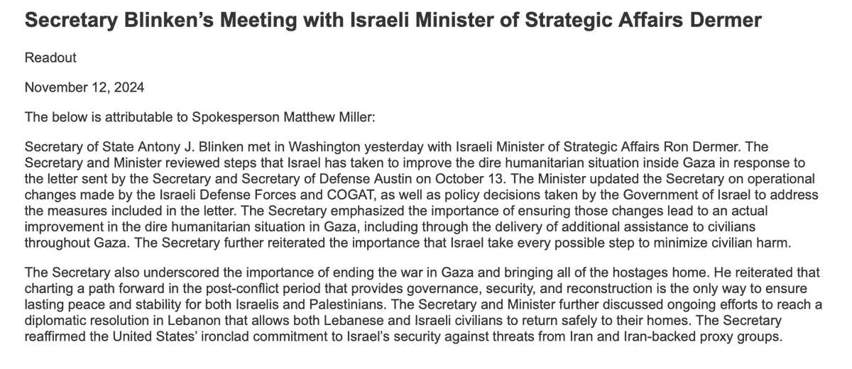 MiddleEastEye's tweet photo. The US State Department has released the readout of a meeting between Secretary of State Antony Blinken and Israeli Minister of Strategic Affairs Ron Dermer, in which they "reviewed steps that Israel has taken to improve the dire humanitarian situation inside Gaza" https://t.co/NCLqECKccO