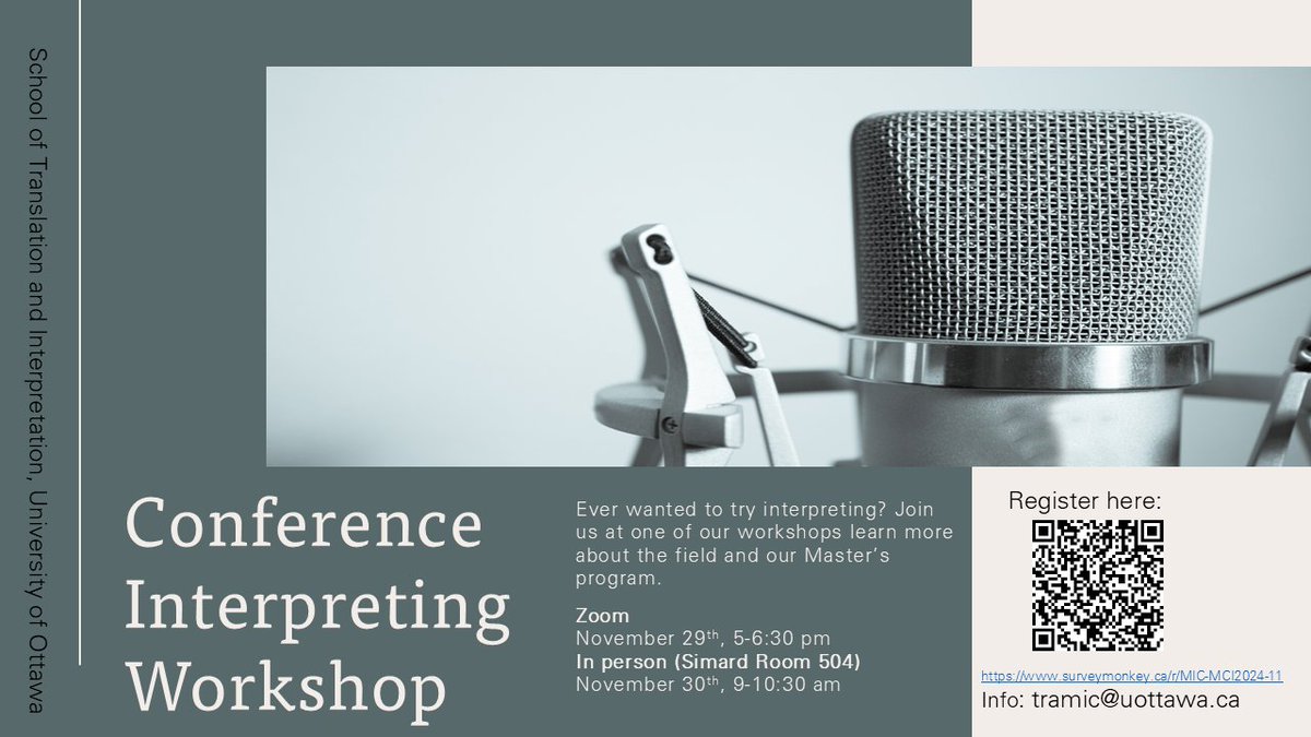 Ever wondered what it’s like to work as a conference interpreter? Here’s your chance to find out about this fascinating field! Join us for a workshop November 29th or 30th, 2024. See details and register at surveymonkey.ca/r/MIC-MCI2024-…. #MCI #1nt <a href="/uOttawa/">Université d'Ottawa | University of Ottawa</a> <a href="/uOttawaArts/">uOttawa Arts</a>