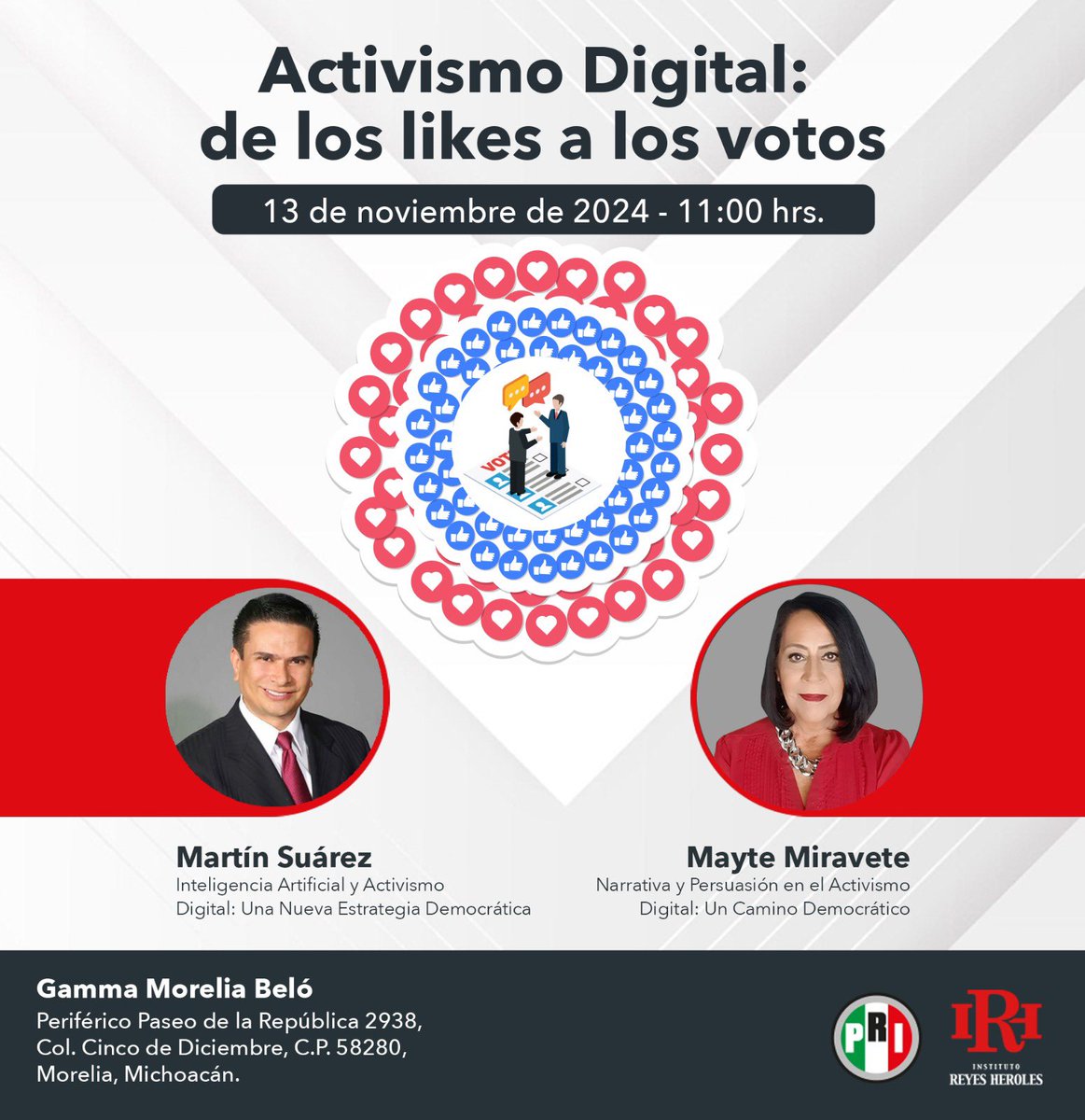 ¡Atención militancia michoacana!

Participa en nuestra próxima capacitación: Activismo digital de los likes a los votos, con la ponencia de Mayte Miravete y Martín Suárez. 

🗓️13 de noviembre 
⌚️ 11:00 hrs. 
📍Gamma Morelia Beló, Michoacán. 

¡Te esperamos!