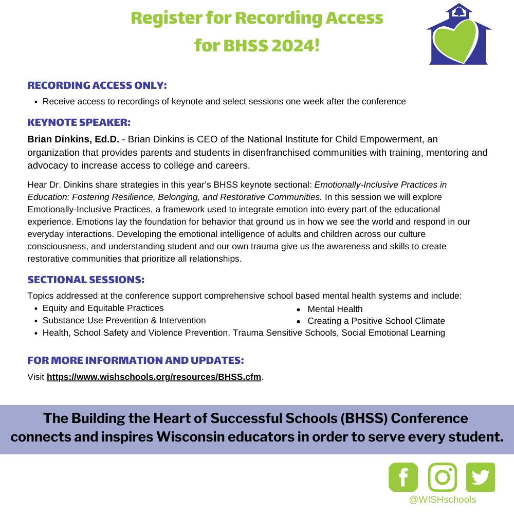 Unable to attend the Building the Heart of Successful Schools Conference in person? There is a recording access-only option!
Register for the recordings: wishschools.org/resources/BHSS…

#bhss #wishcenter #mentalhealth #schoolclimate #equity #socialemotionallearning #schoolsafety #aoda
