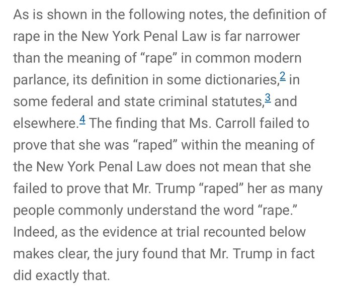 fenderhead68's tweet photo. @wm98636 @highbrow_nobrow Trump has a self-admitted history of sexual assault. What Trump was found liable by a jury to have done in the E Jean Carroll case is consistent with what he described in the "grab 'em by the pussy" recording. The judge clarified that it was rape. From the court docs... https://t.co/8tAz5GTvE9