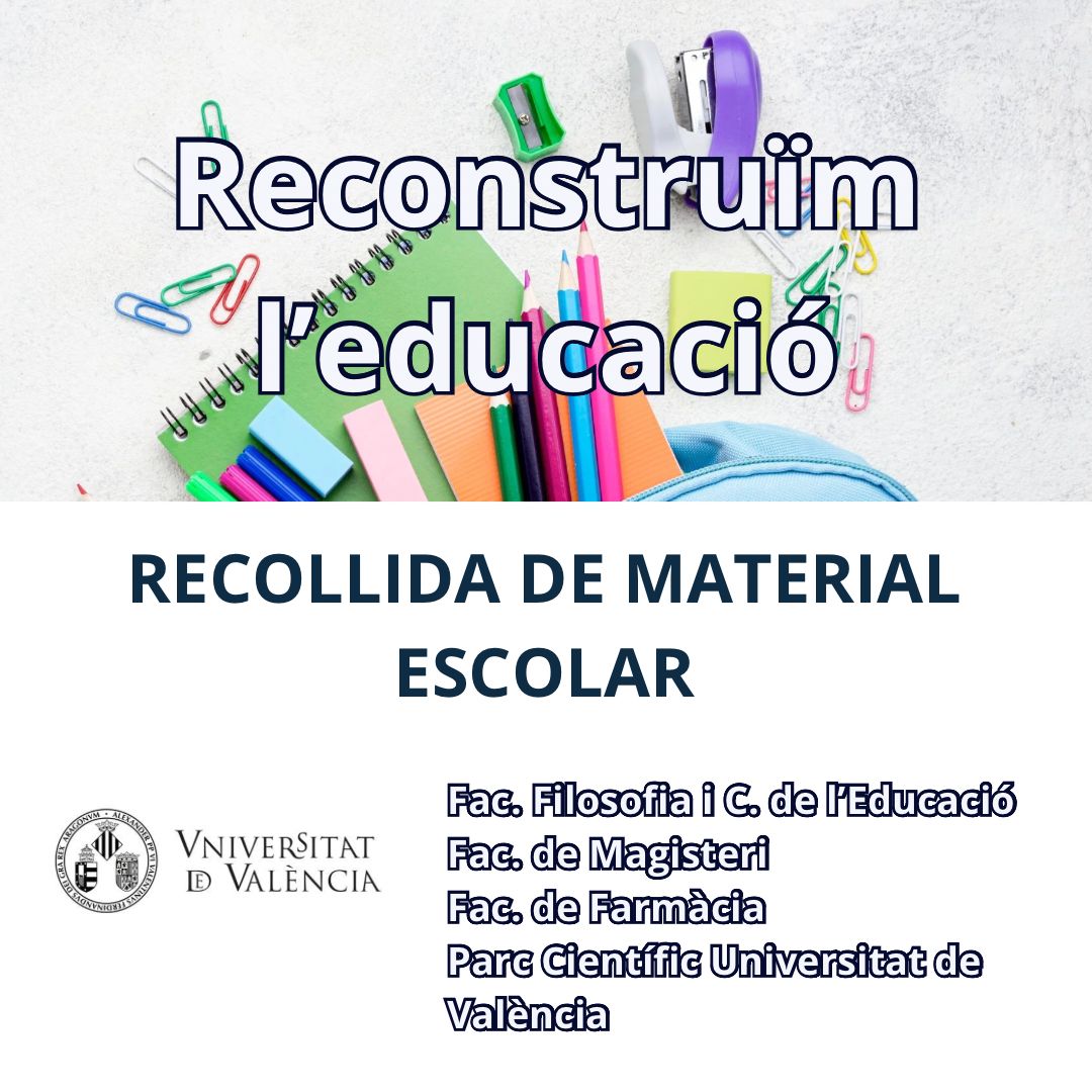 La <a href="/FacFarmacia_UV/">Facultat de Farmàcia i Ciències de l'Alimentació</a> és punt de recollida de material escolar i d'estimulació sensorial, del projecte "Reconstruïm l'educació infantil i primària".
9:00 a 13:00 i de 15:00 a 19:00 h en Consergeria.
Qué coses es poden donar i més informació en uv.es/farmacia