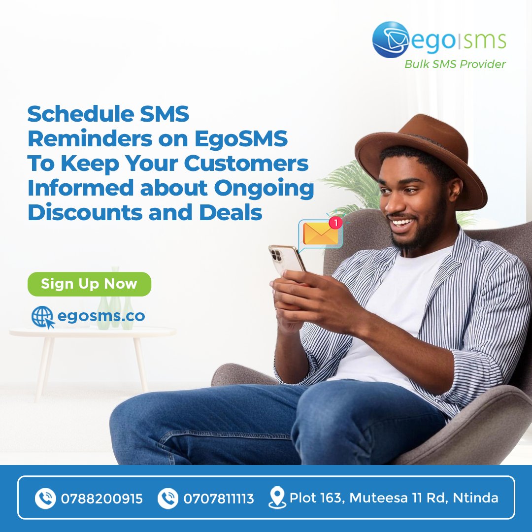 Egosms's tweet photo. Stay connected with your customers using EgoSMS by scheduling SMS reminders for ongoing discounts and deals with ease.

Sign up now at https://t.co/8gF4SzzA4f

#egosms #Bulksms https://t.co/9NpHU49boL